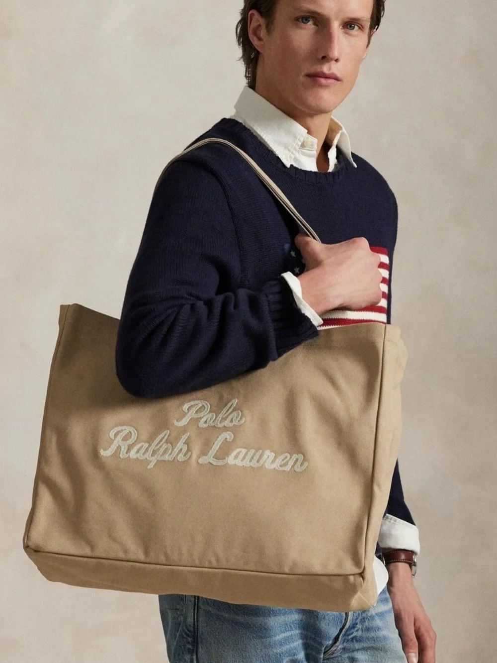 Polo Ralph Lauren CLASSIC TAN Cotton Chain Stitch Embroidered Canvas Tote Bag